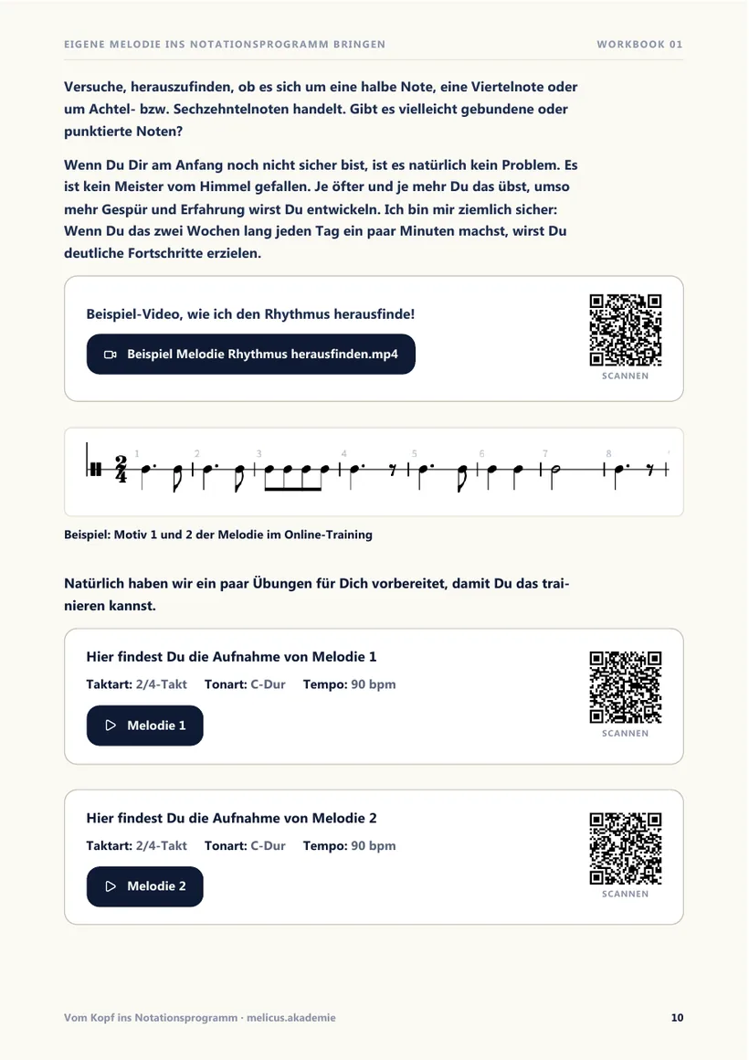 Workbook Seite 10: Beispiel-Video und Hörbeispiele der Übungsmelodien mit QR-Codes