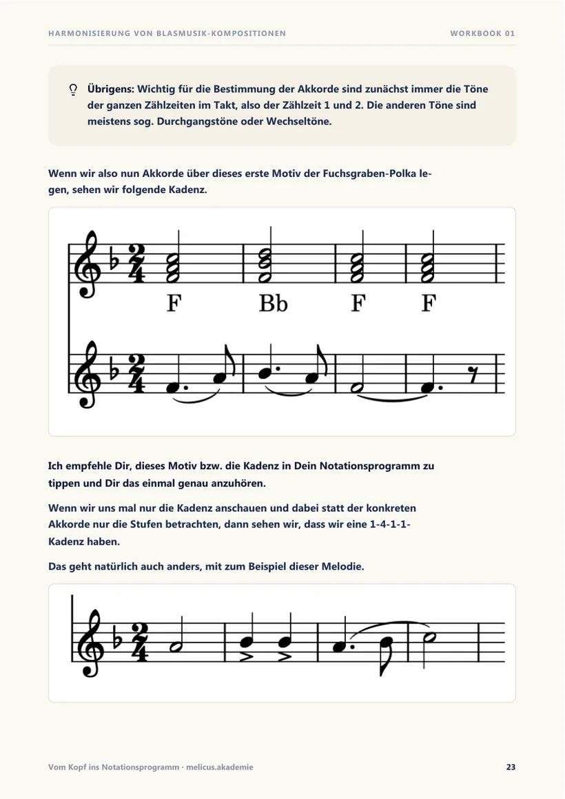Workbook Seite 23: das harmonisierte erste Motiv der Fuchsgraben-Polka