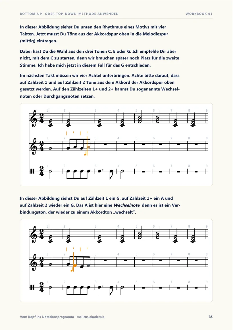 Workbook Seite 35: Melodie auf einer Harmonie-Schablone entwickeln